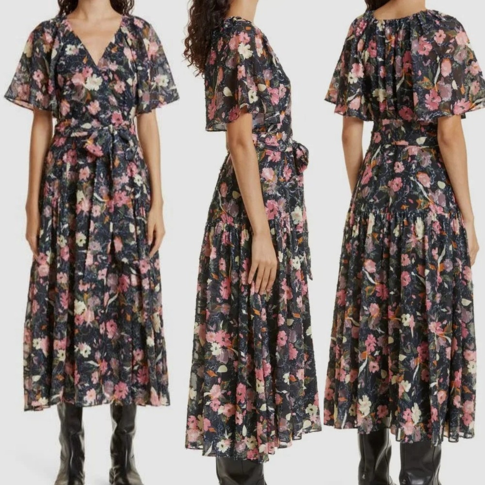Tanya Taylor Womens Bria Midi Dress Size 4 Black Pink Flutter Sleeve Tie Waist
